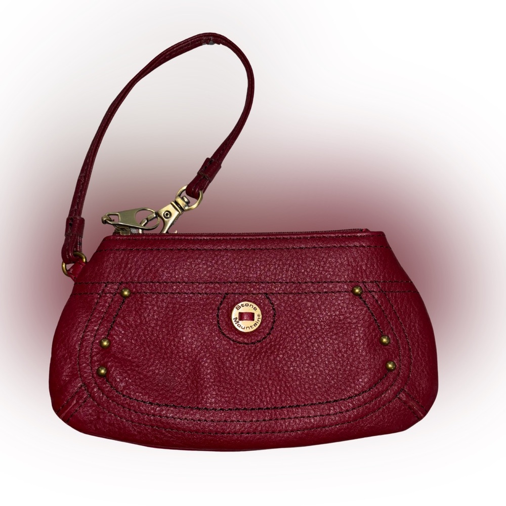 Stone Mountain Red Leather Wristlet Floral Lining Brass Stud Details